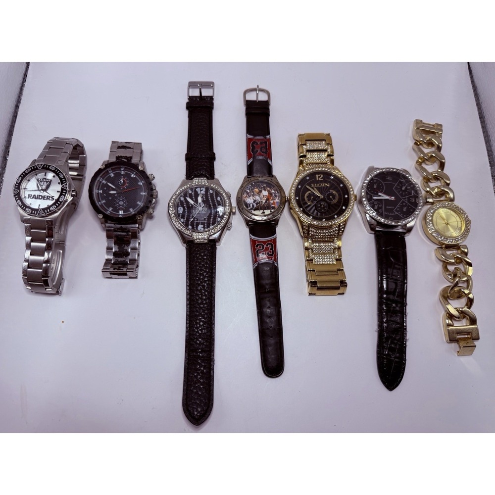 Lot of 7 Quartz Watches Elgin ICE Raiders Wilson As Is